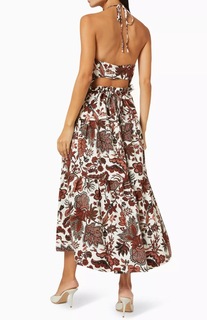 SHONA JOY ivory with brown floral print halter maxi dress