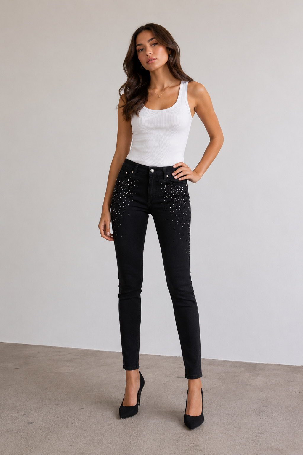 7 FOR ALL MANKIND black skinny jeans with black and silver jewels on thighs