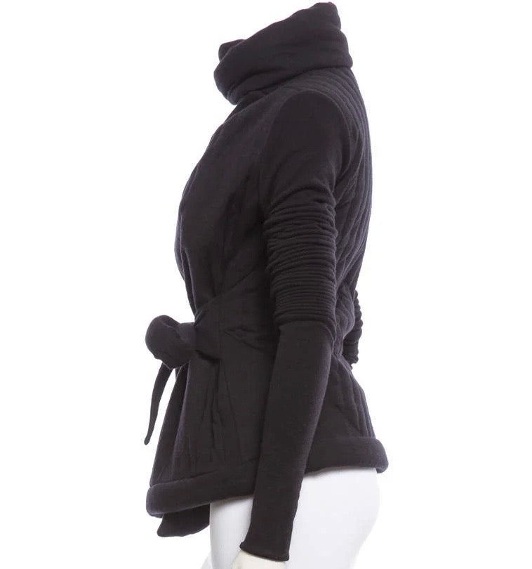 RICK OWENS LILIES black long sleeve sweater/jacket, belt attached, quilted back