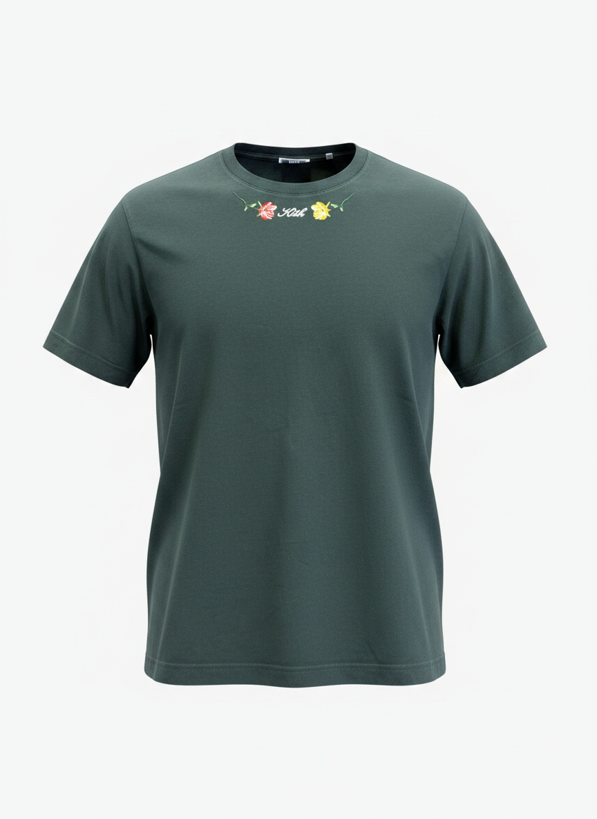 Kith Green T-Shirt with Floral Embroidery Around Neck