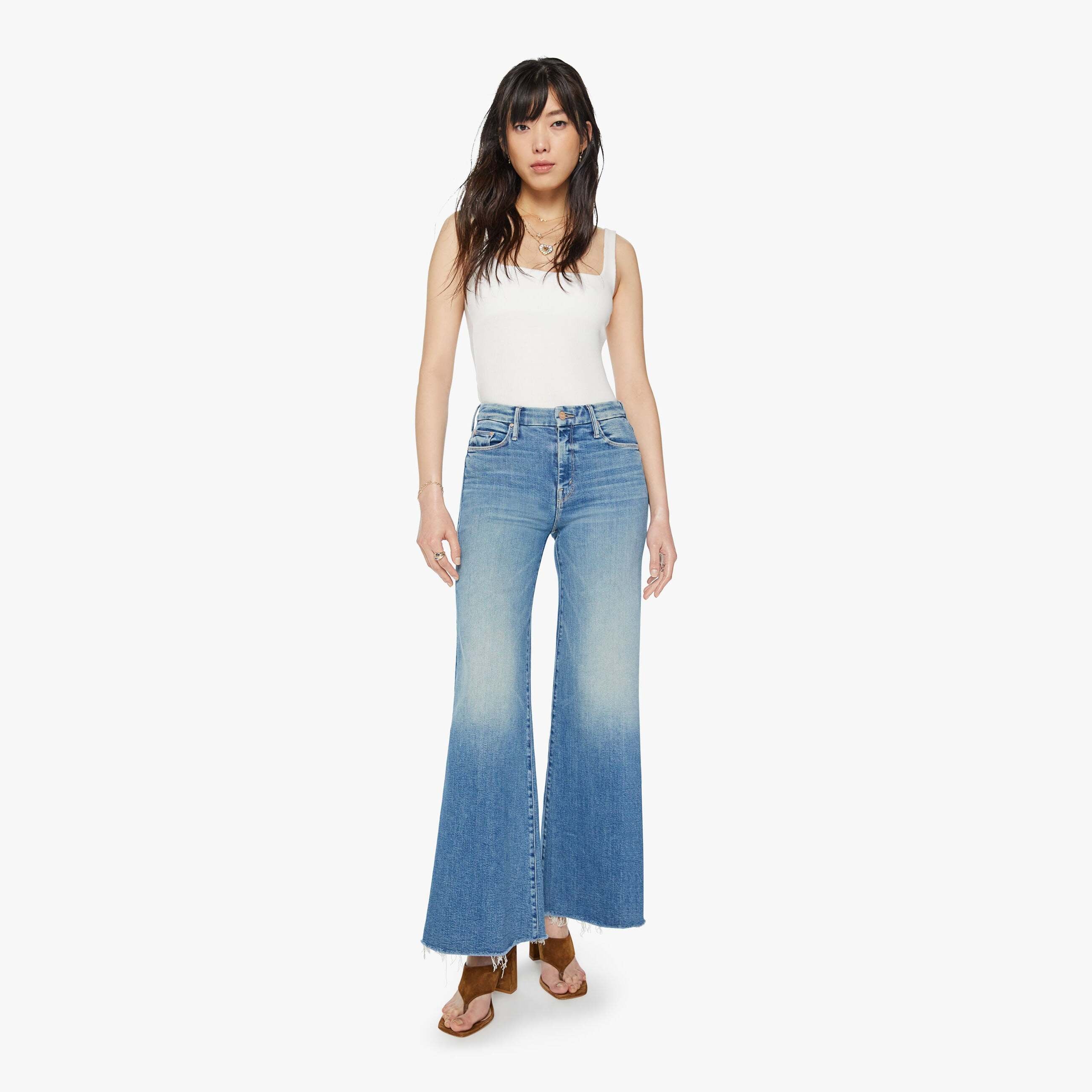 Mother The Roller Fray in Medium Blue Wash "Riding the Cliffside" Flaered Jeans
