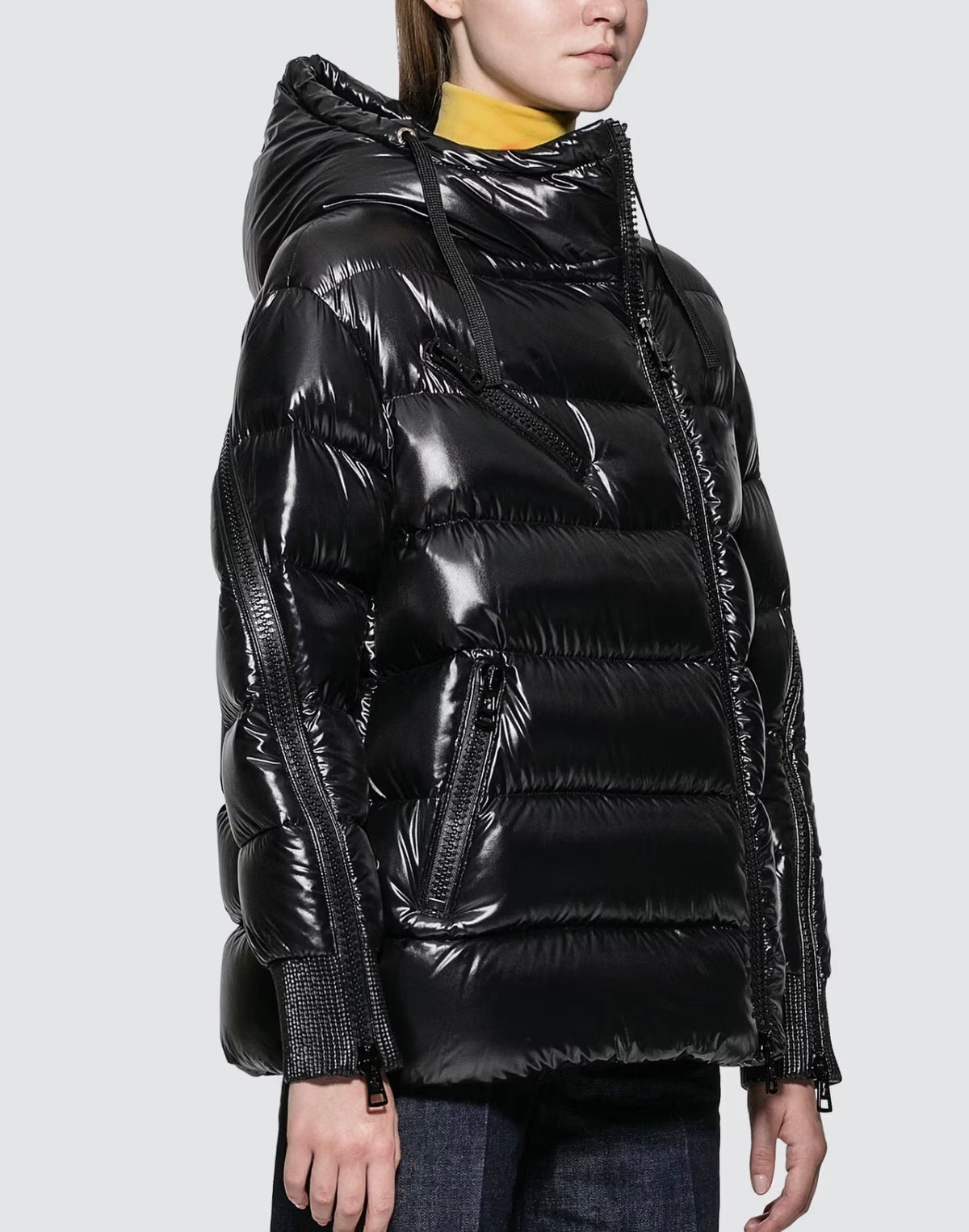 MONCLER BLACK HOODED ARM ZIP PUFFER JACKET