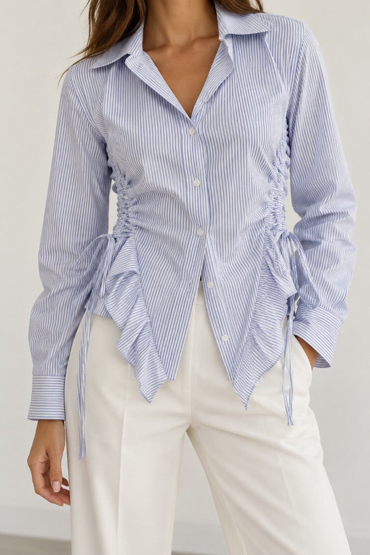 DOROTHEE SCHUMACHER stripe button up top with ruffle and ties
