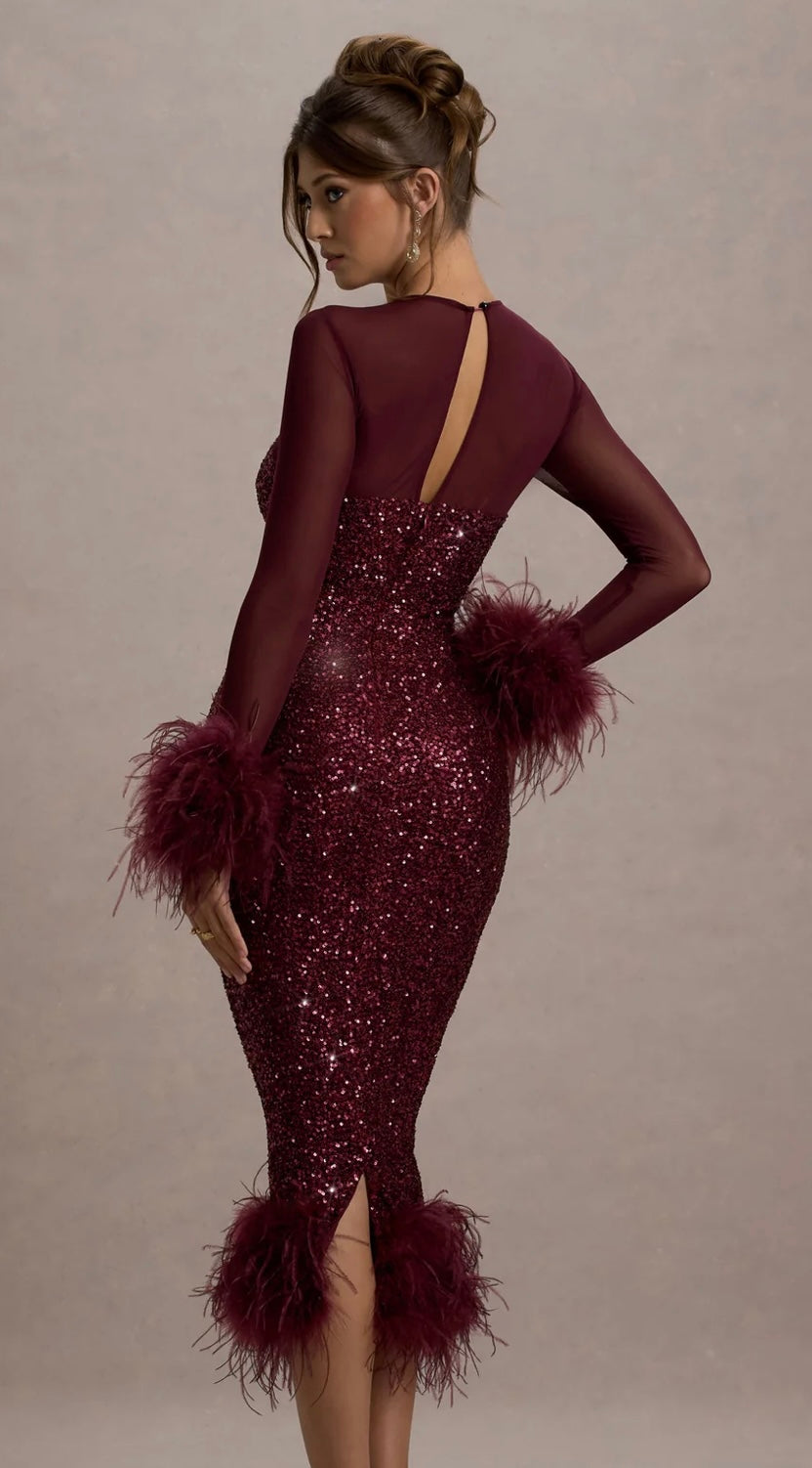 CLUB LONDON AFTERGLOW
PORT SEQUIN LONG-SLEEVE MIDI DRESS WITH FEATHER TRIMS