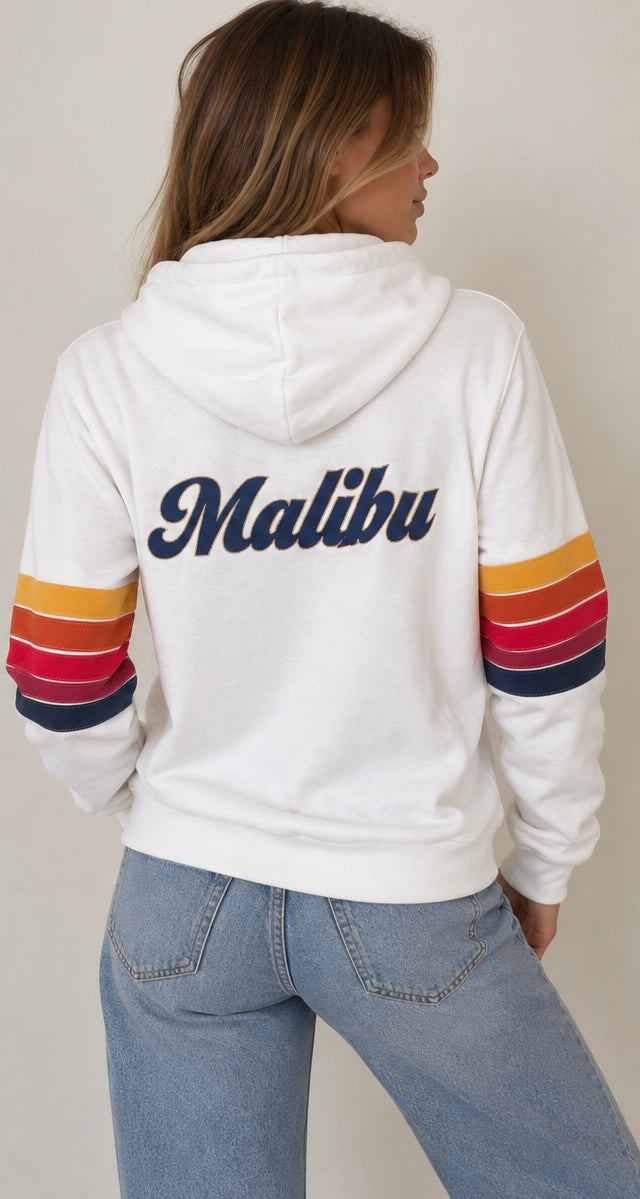 AVIATOR NATION white zip up hoodie with chevron detail on sleeves and MALIBU on back