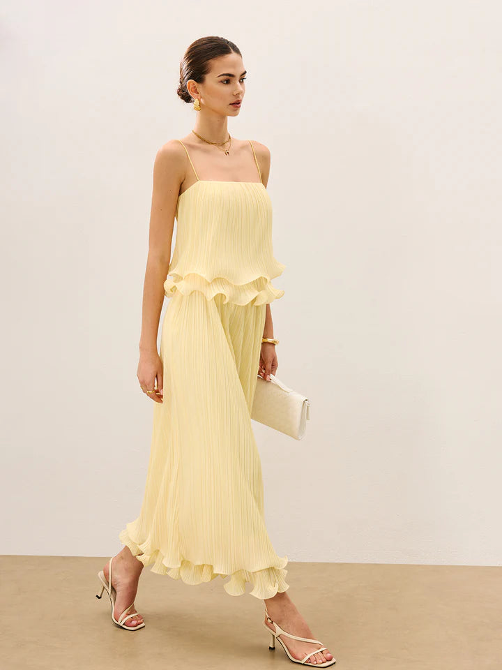 COMMENSE butter yellow pleated maxi skirt with ruffled bottom