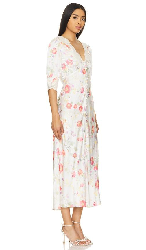 RIXO silk & lace white dress with floral print