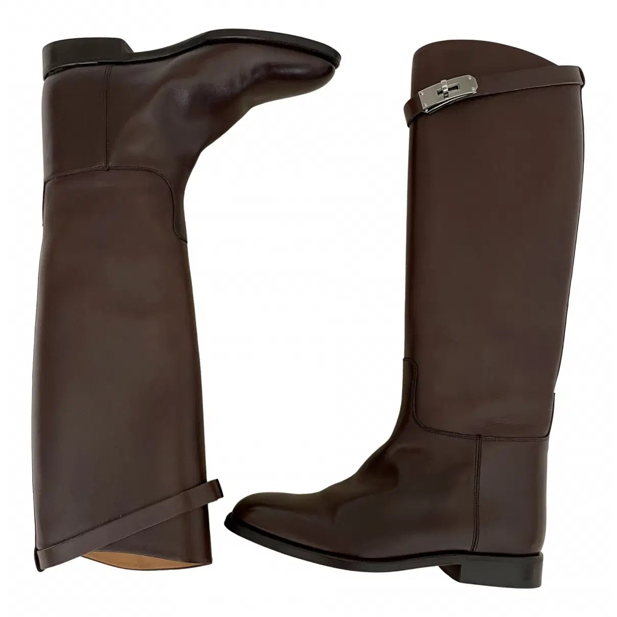 HERMES chocolate brown knee high leather boots with silver buckle detail