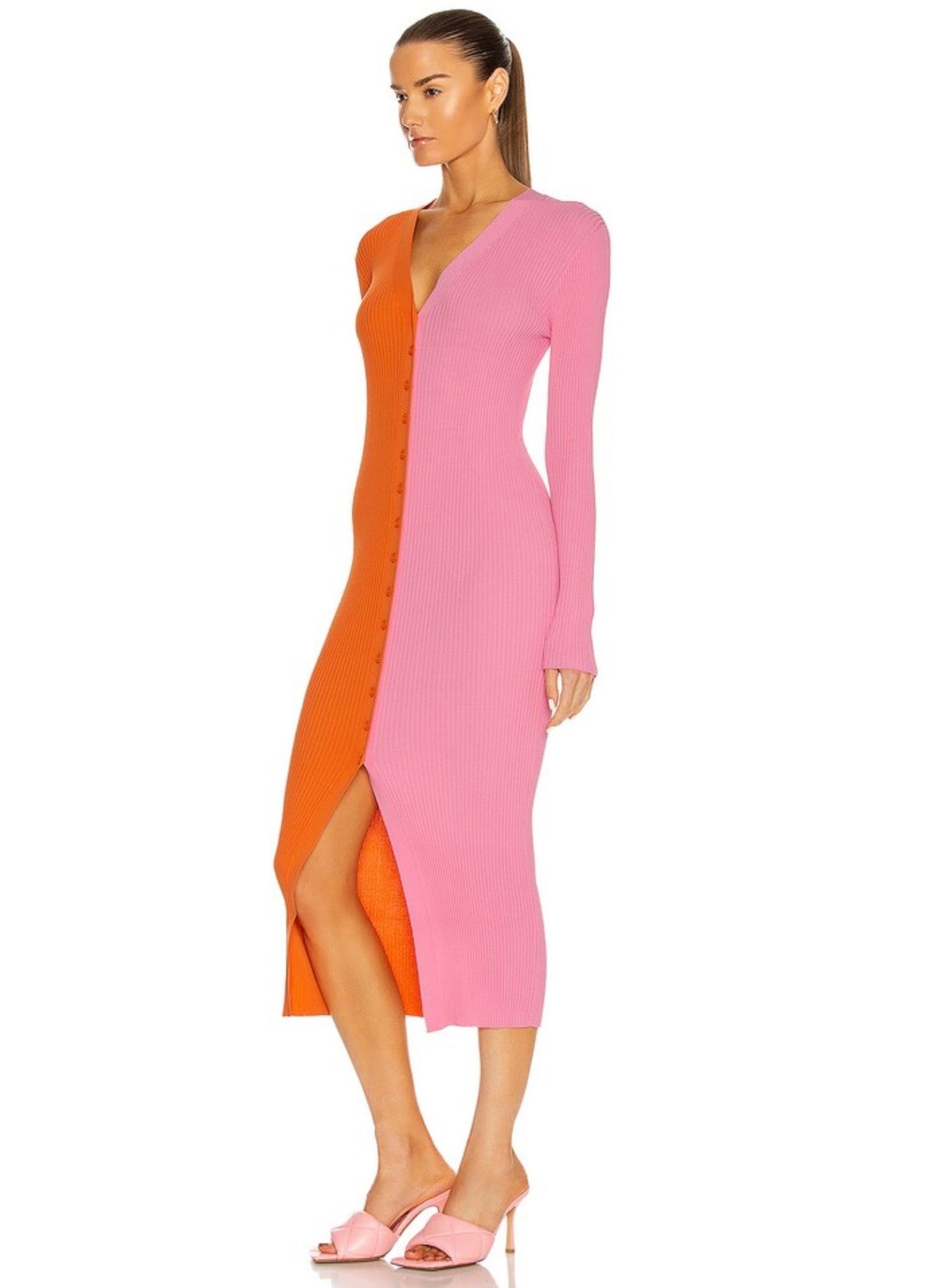 STAUD orange and pink split long sleeve maxi dress