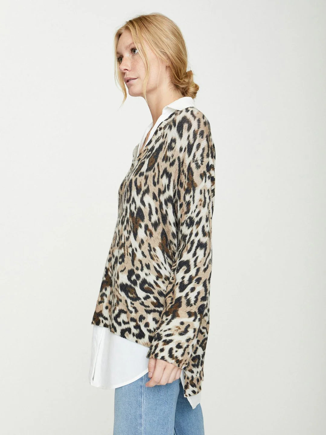 BROCHU WALKER leopard print knit long sleeve with white blouse attached underneath