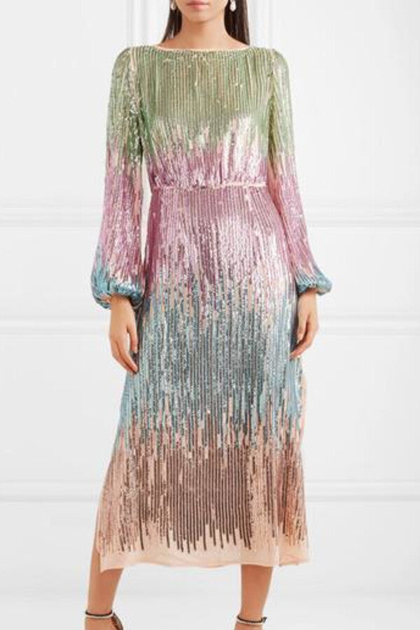 RIXO long sleeve maxi dress, rainbow sequins