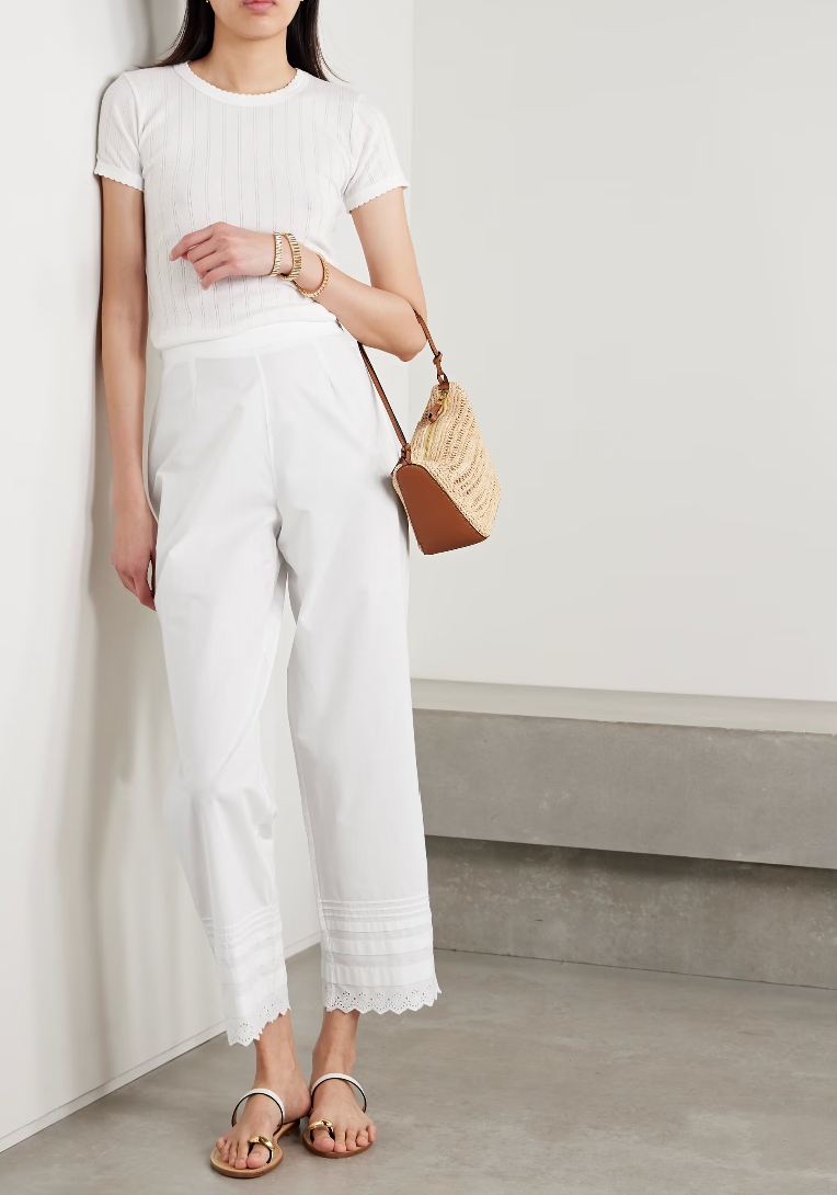 DOEN Francisca broderie anglaise-trimmed pintucked organic cotton-poplin straight-leg pants