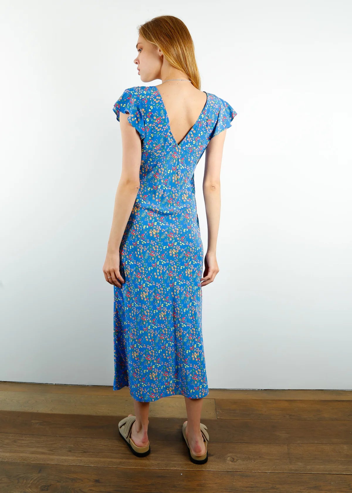 RAILS blue maxi dress with flutter sleeves and fruit print