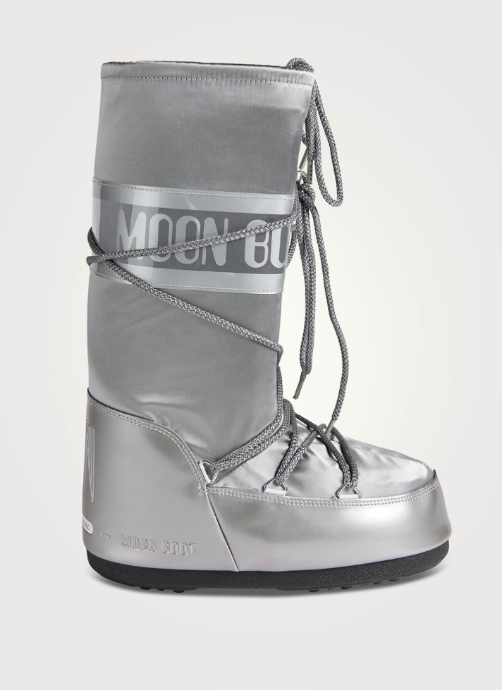 MOON BOOT- ICON GLANCE SILVER SATIN BOOTS