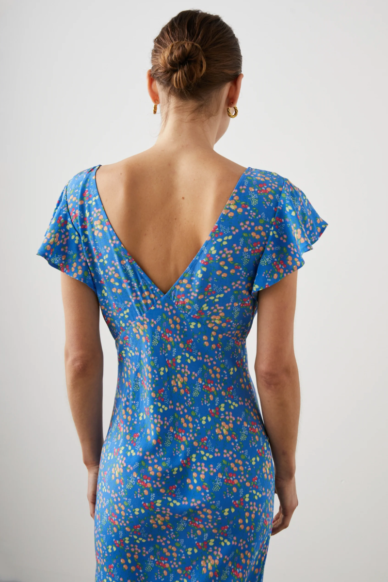 RAILS blue maxi dress with flutter sleeves and fruit print