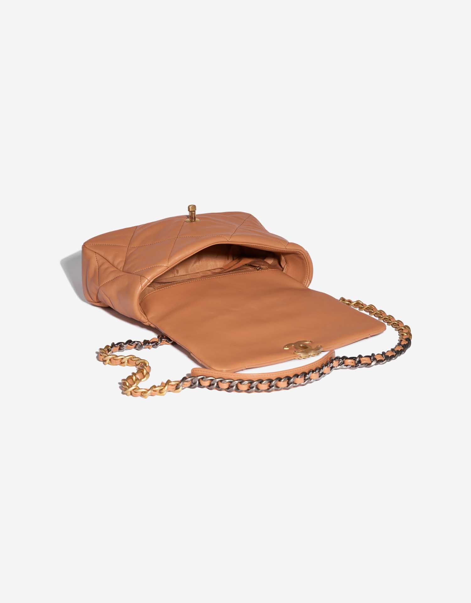 CHANEL camel brown lambskin leather 19 two tone metal bag