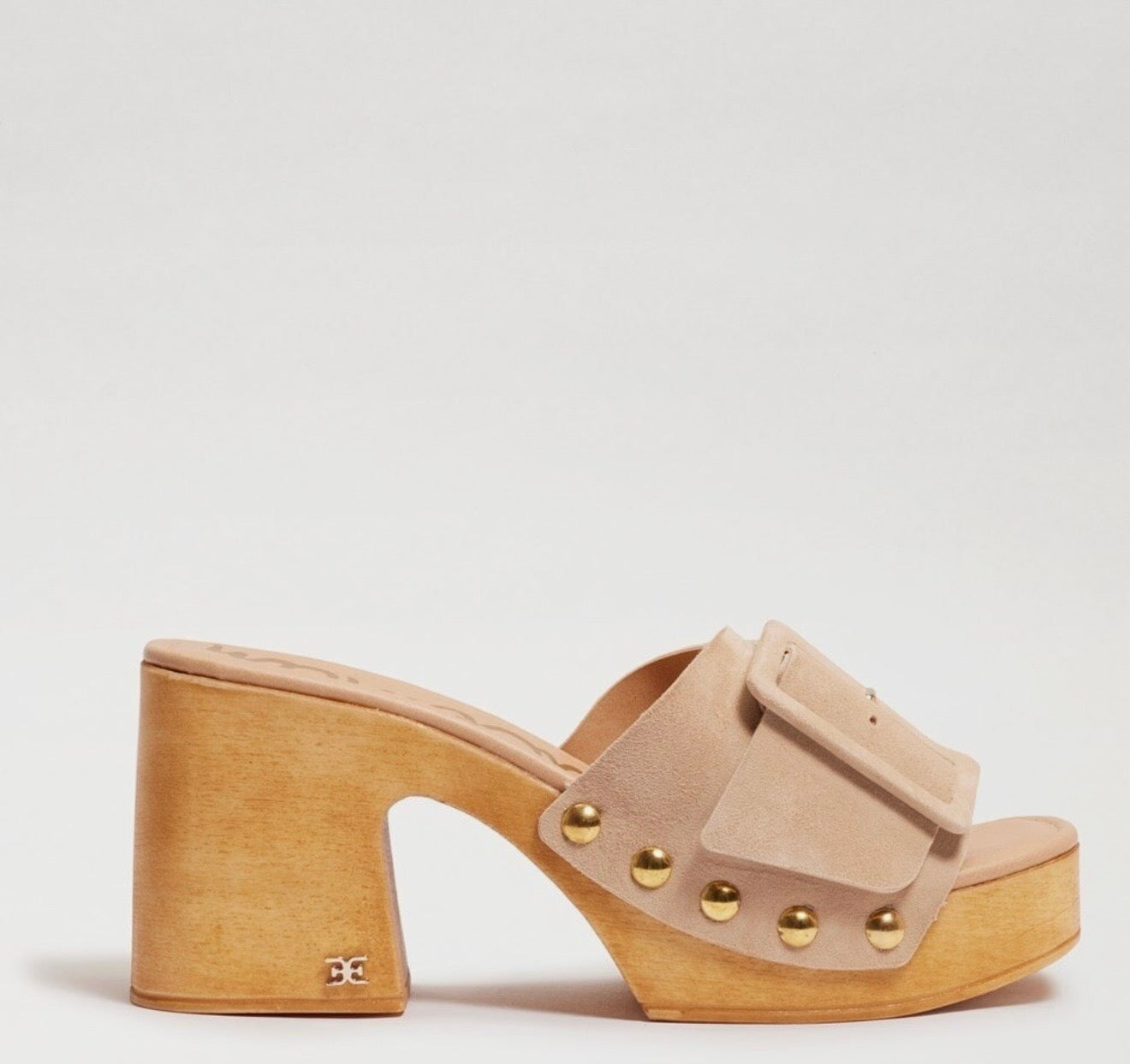 Sam Edelman Marcia Beige Leather Squared Open Toe Slip On Block Heeled Sandals