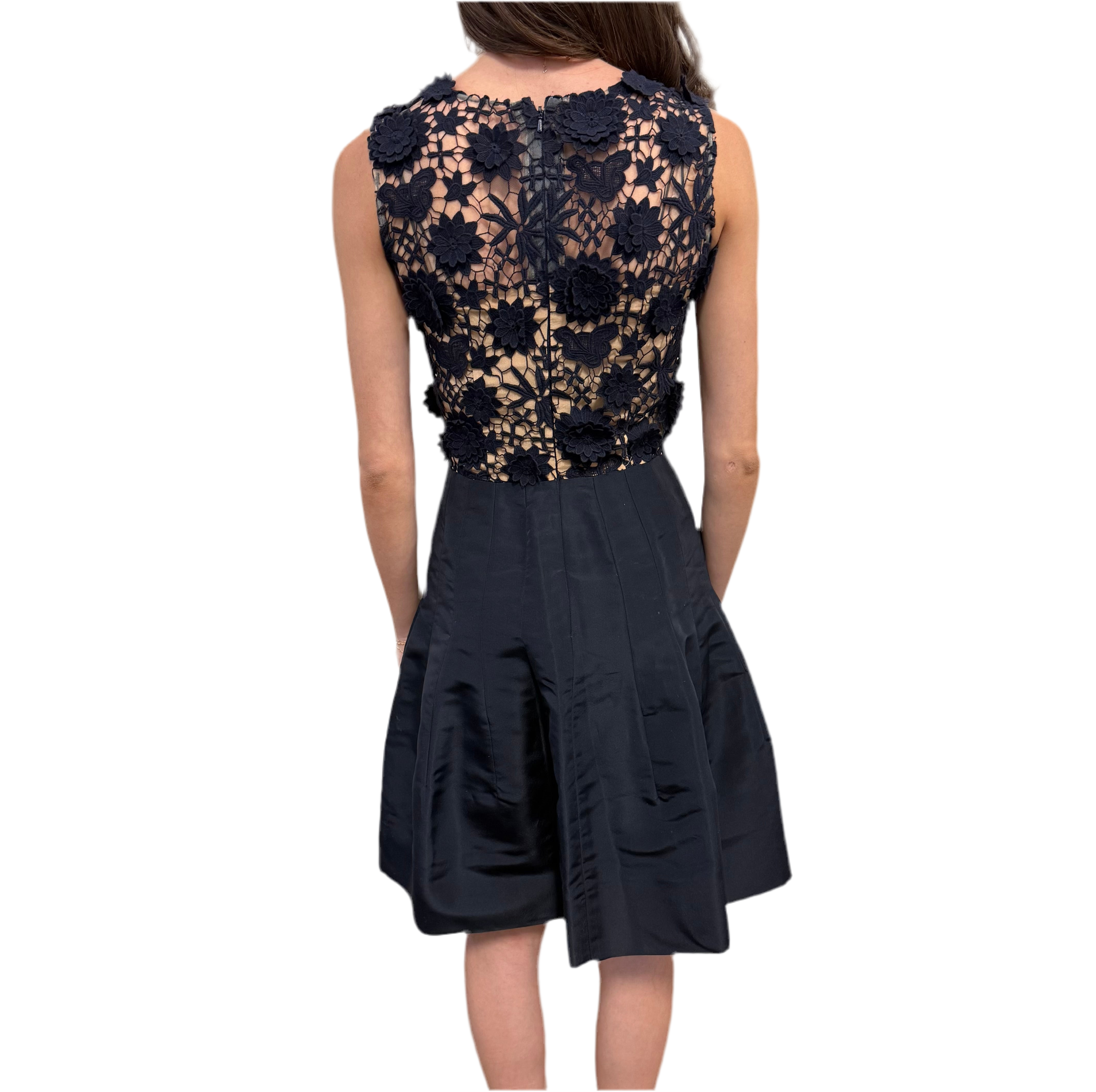 Oscar De La RENTA - Navy Crochet & Flared Pleated Cocktail Dress