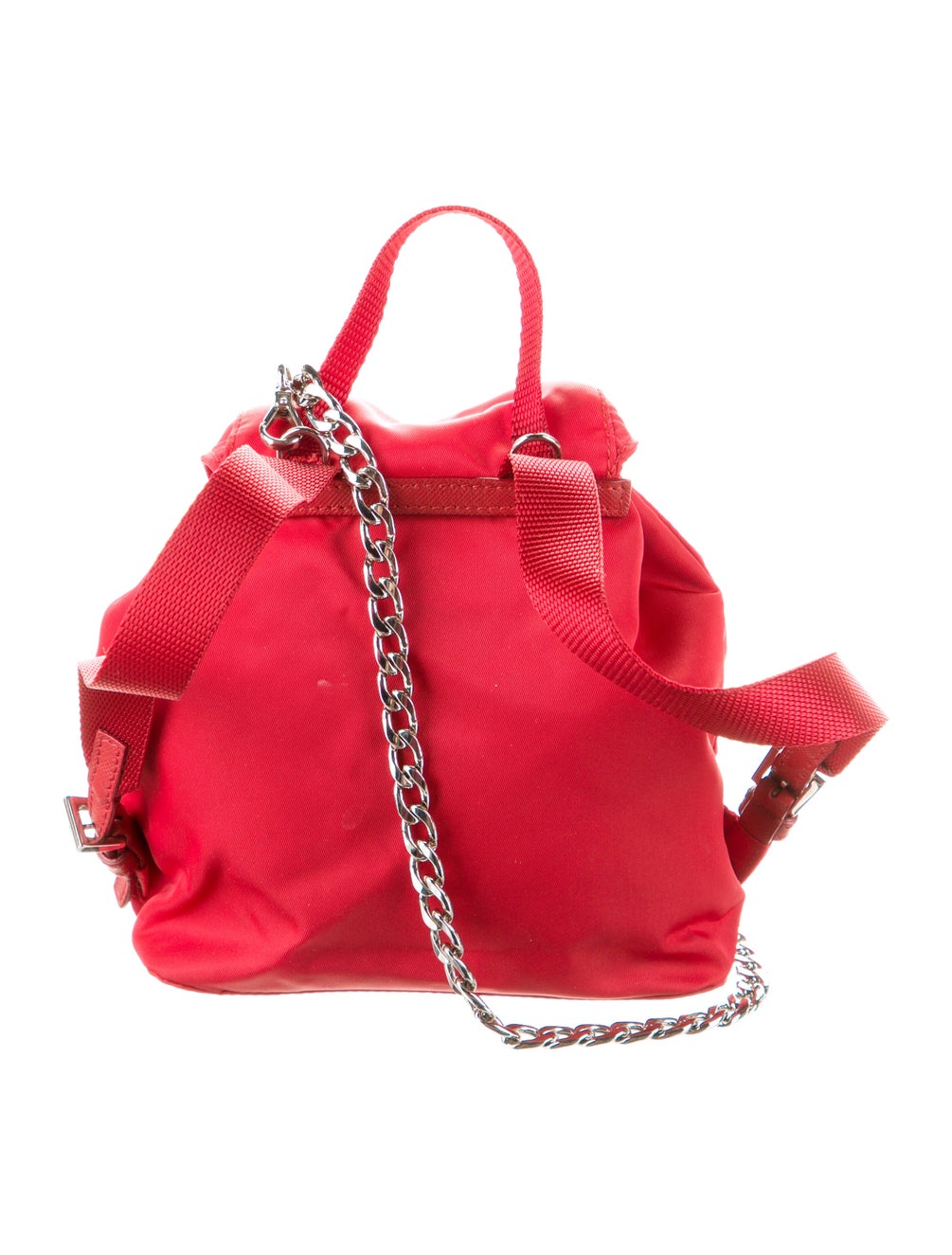PRADA tiny red nylon backpack crossbody purse v silver chain, with box