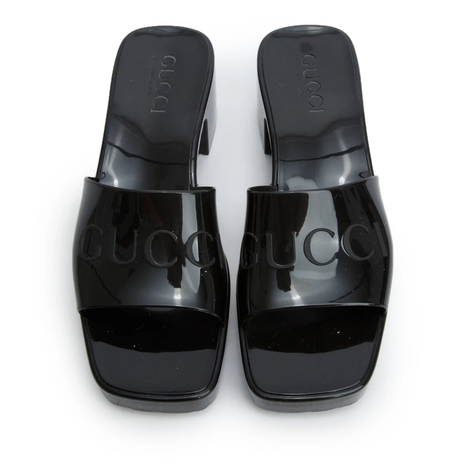 GUCCI black rubber logo platform slide sandals