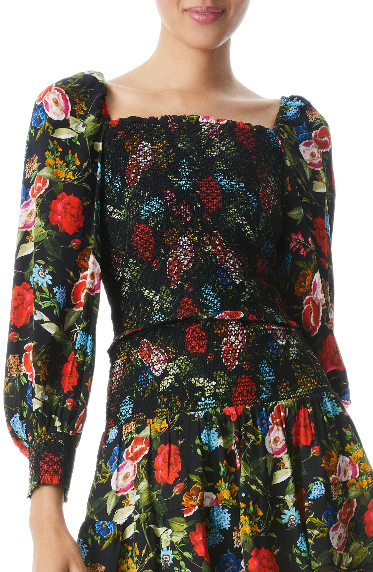 ALICE + OLIVIA black w multicolour flower print set, shirred long sleeve top & skirt