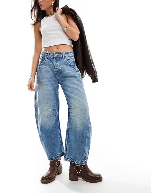 WE THE FREE blue acid wash barrell jeans "lucky you mid rise barrell"