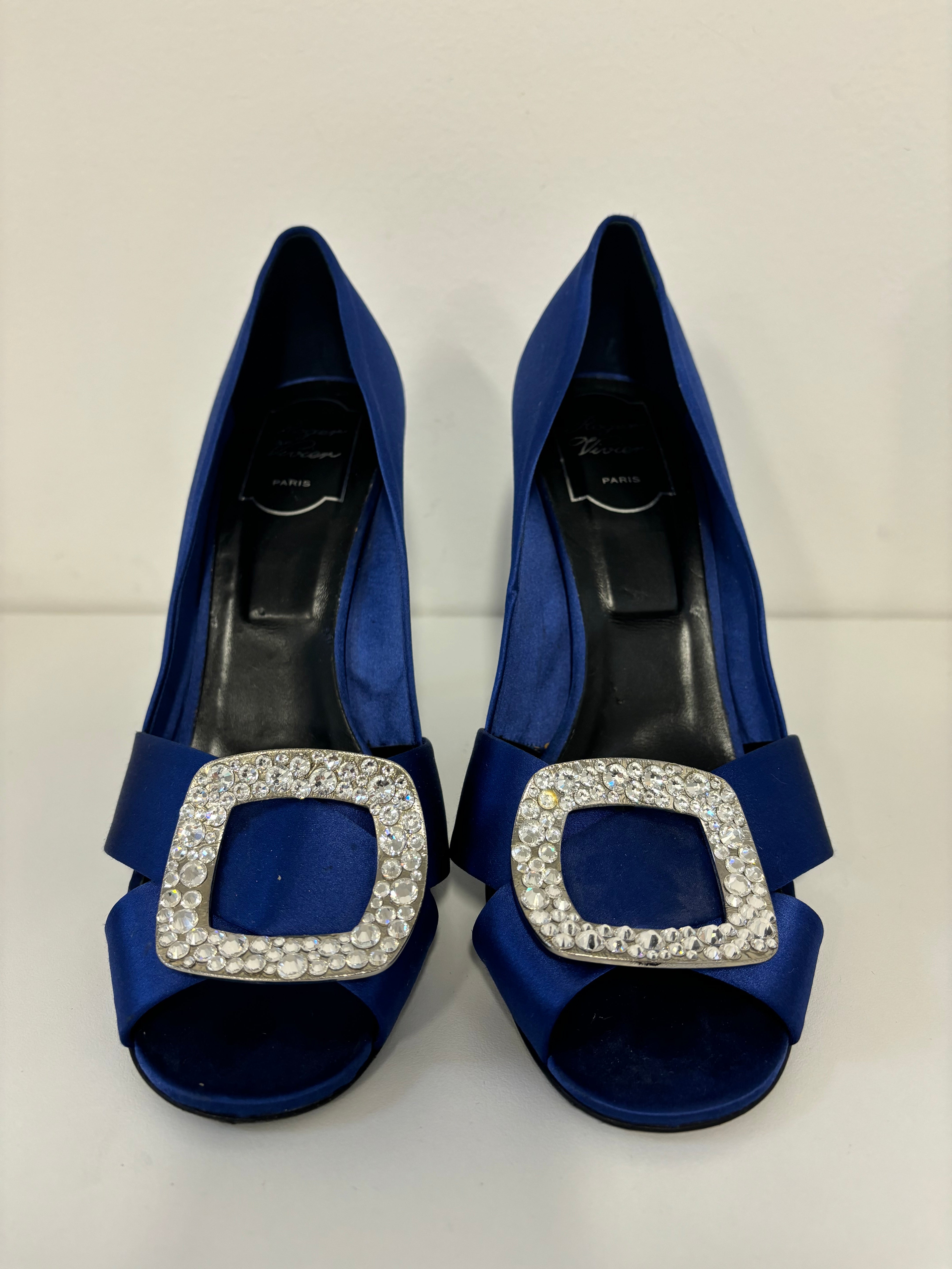 ROGER VIVIER blue satin open toe pump with crystal detail on front