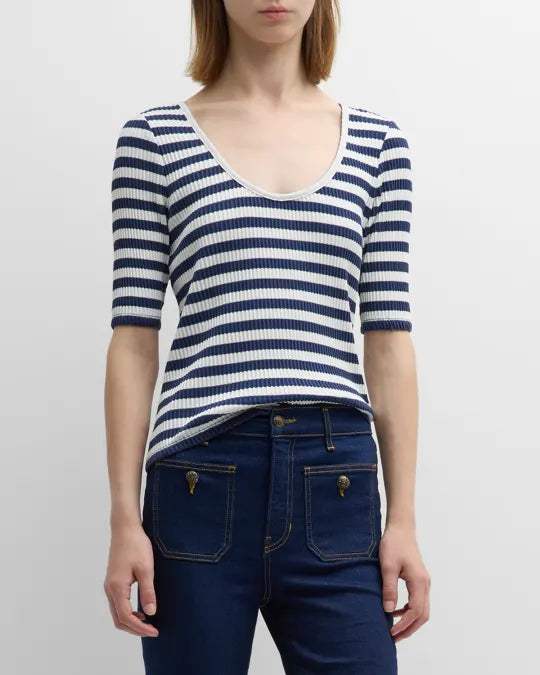 VERONICA BEARD white and blue striped ribbed tshirt