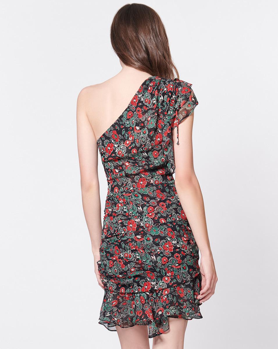 VERONICA BEARD red floral print one shoulder chiffon dress
