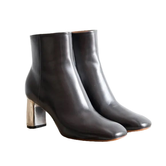 CELINE BY PP BLACK LEATHER BOOTIES WITH METALLIC SILVER HEEL