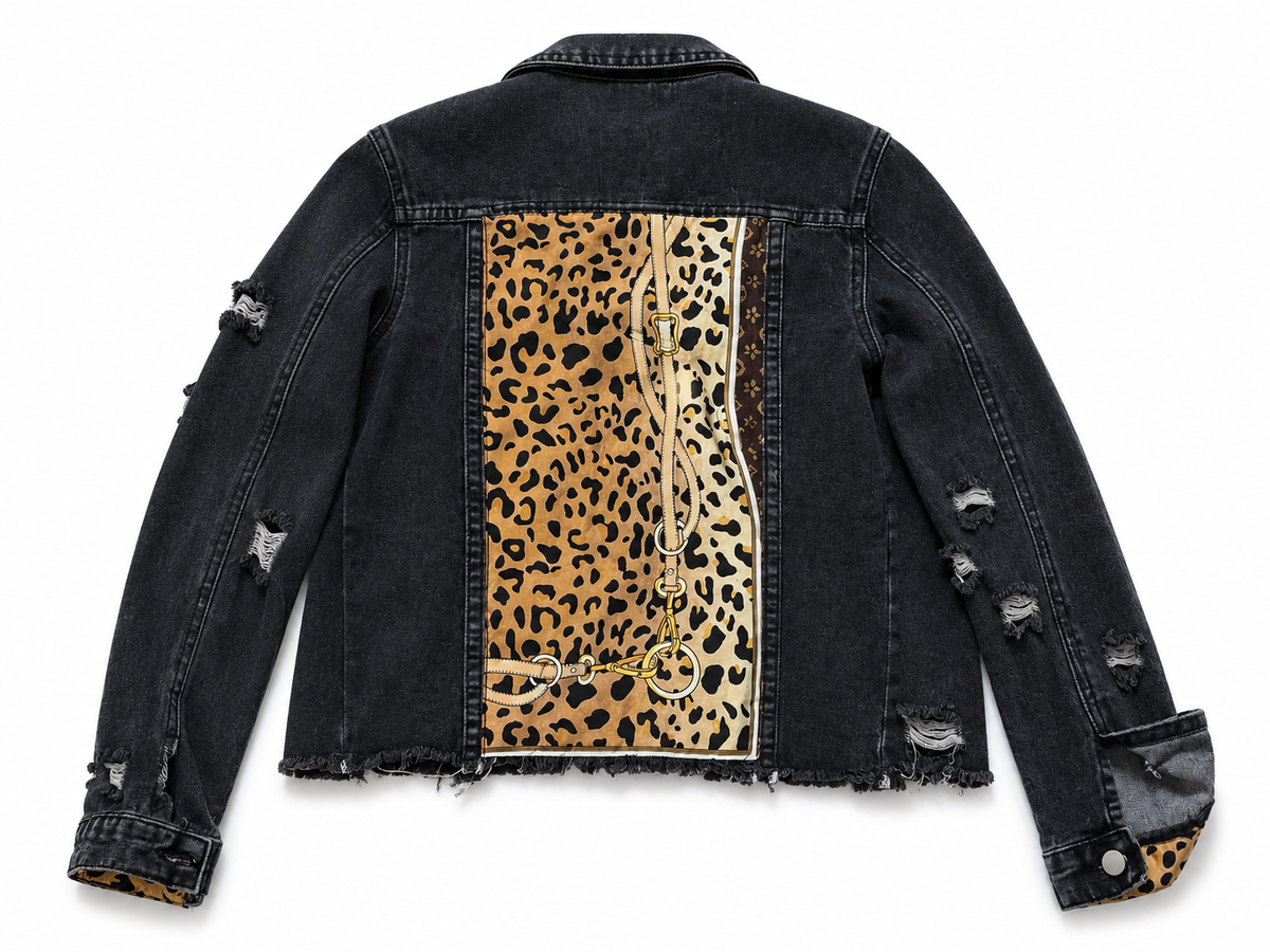UNKNOWN BRAND Black Denim Jacket with Leopard Back Panel