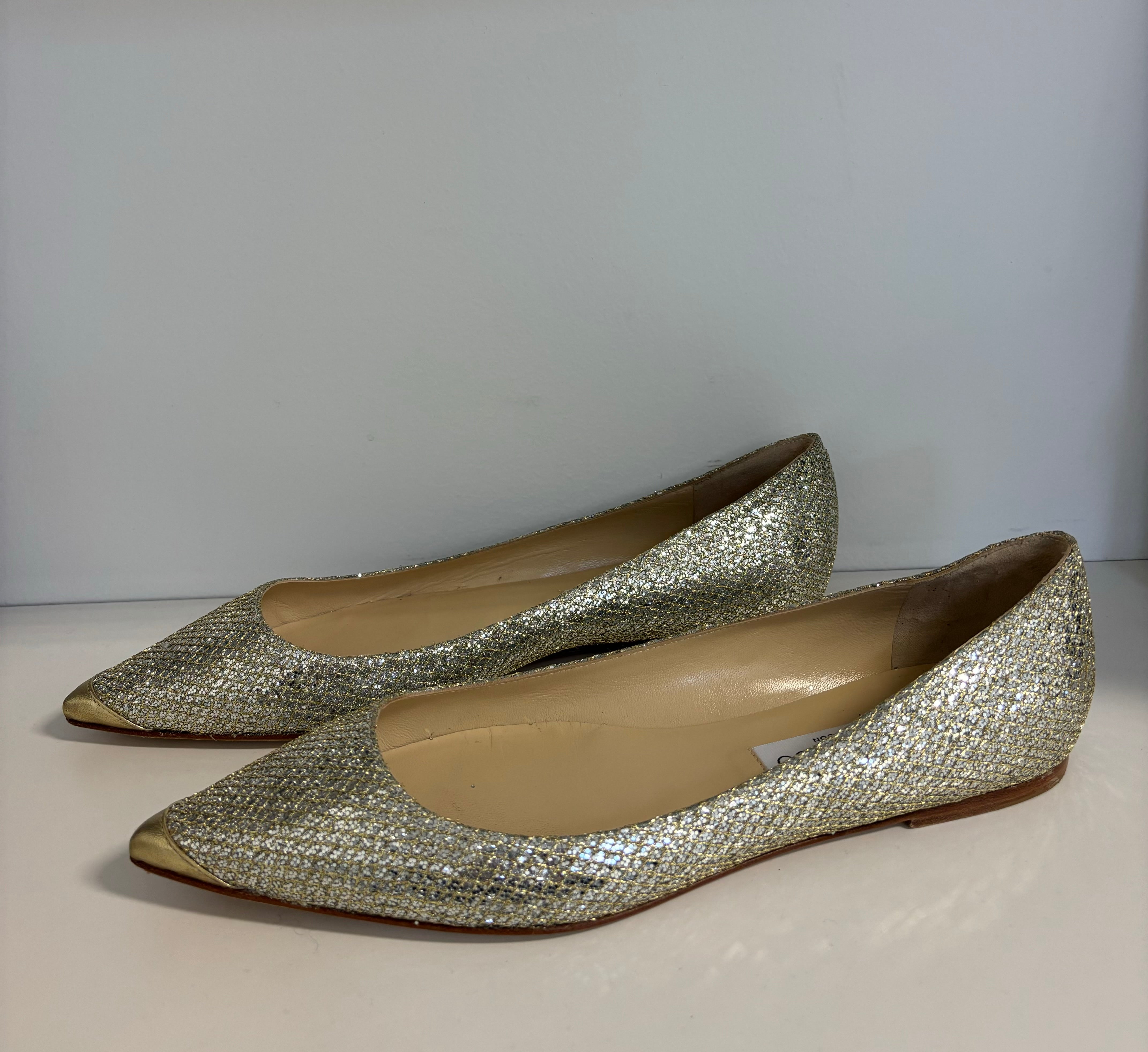 JIMMY CHOO Champagne Flats with Gold Toe Cap
