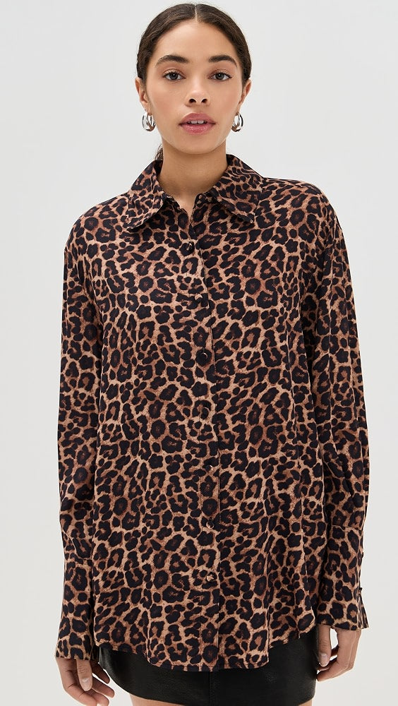 Anine Bing Leopard Print Silk Button Up Shirt