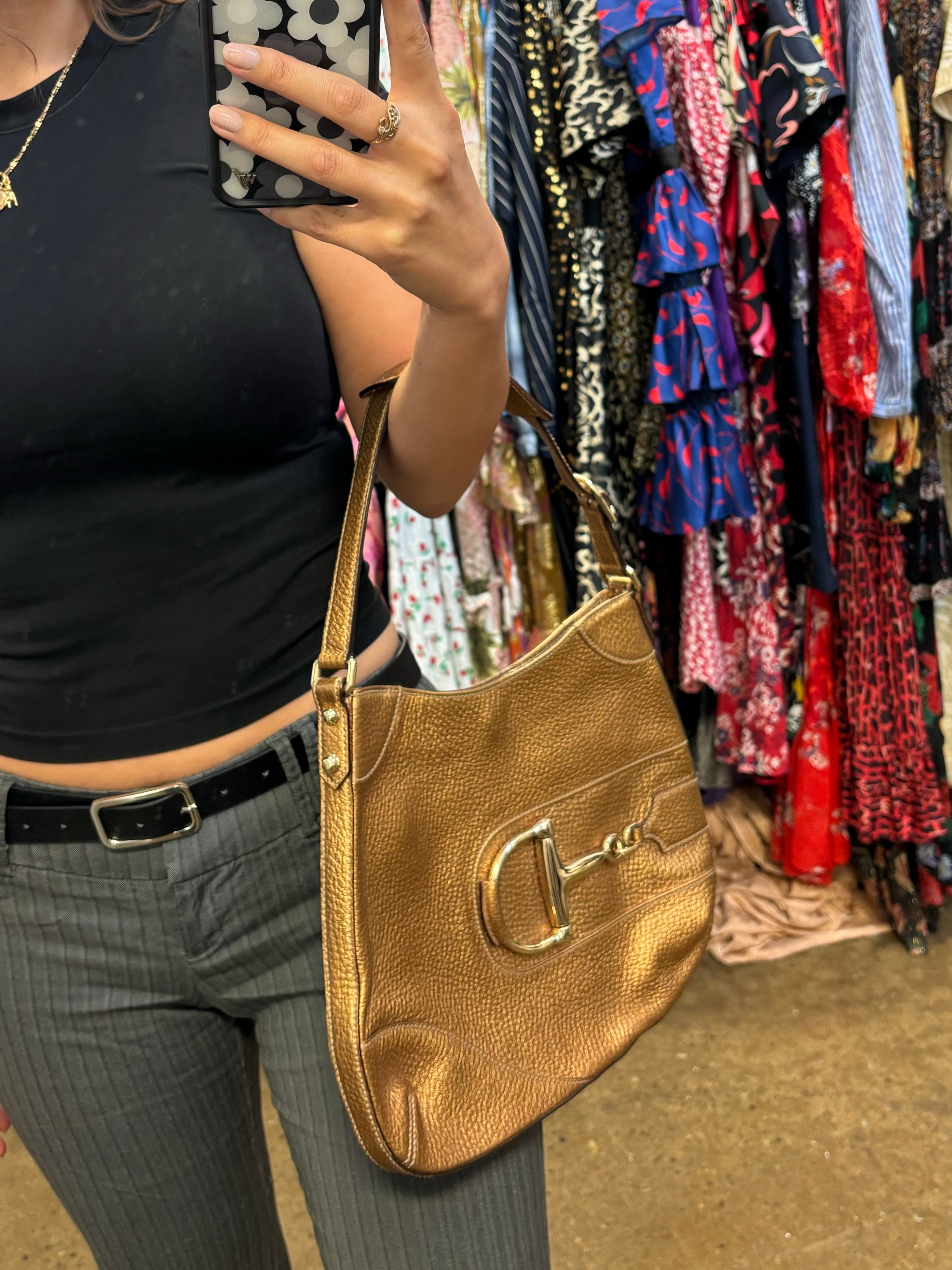 GUCCI gold leather bag, large gold horsebit, w dust bag