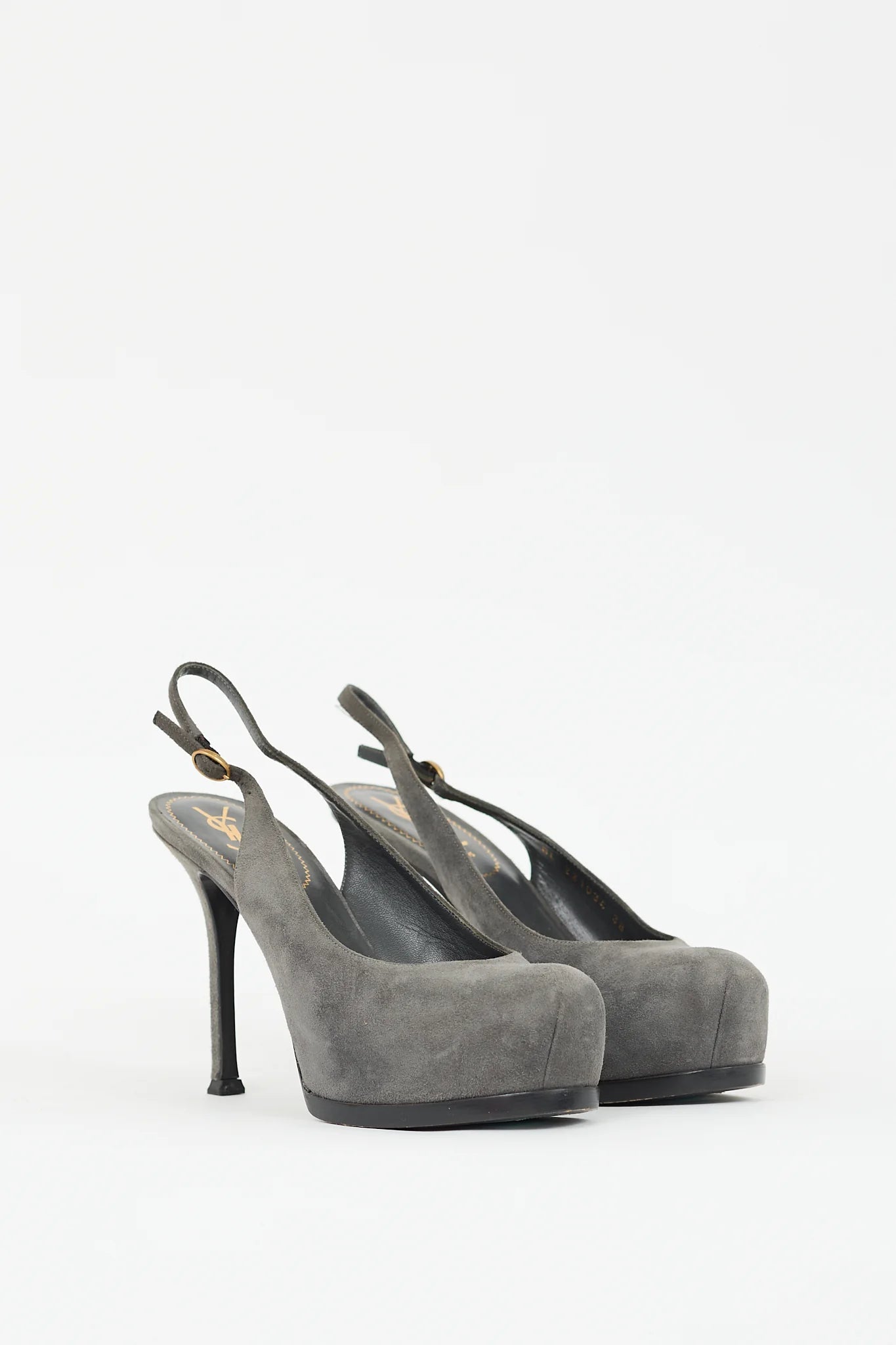 YSL grey suede slit back heels