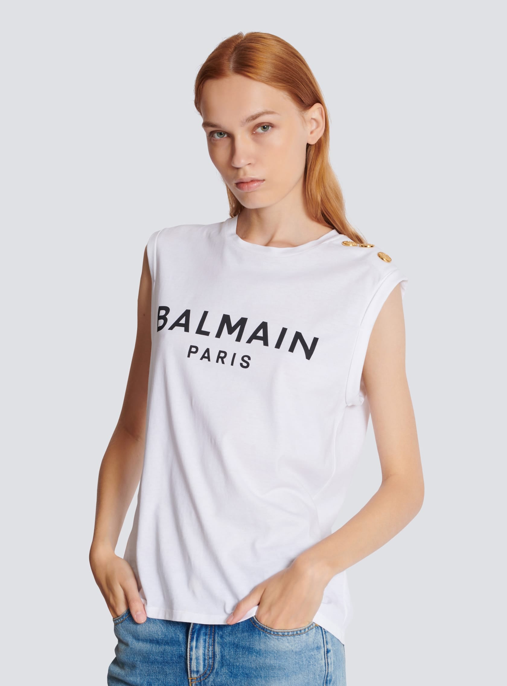 BALMAIN white logo tank with gold buttons