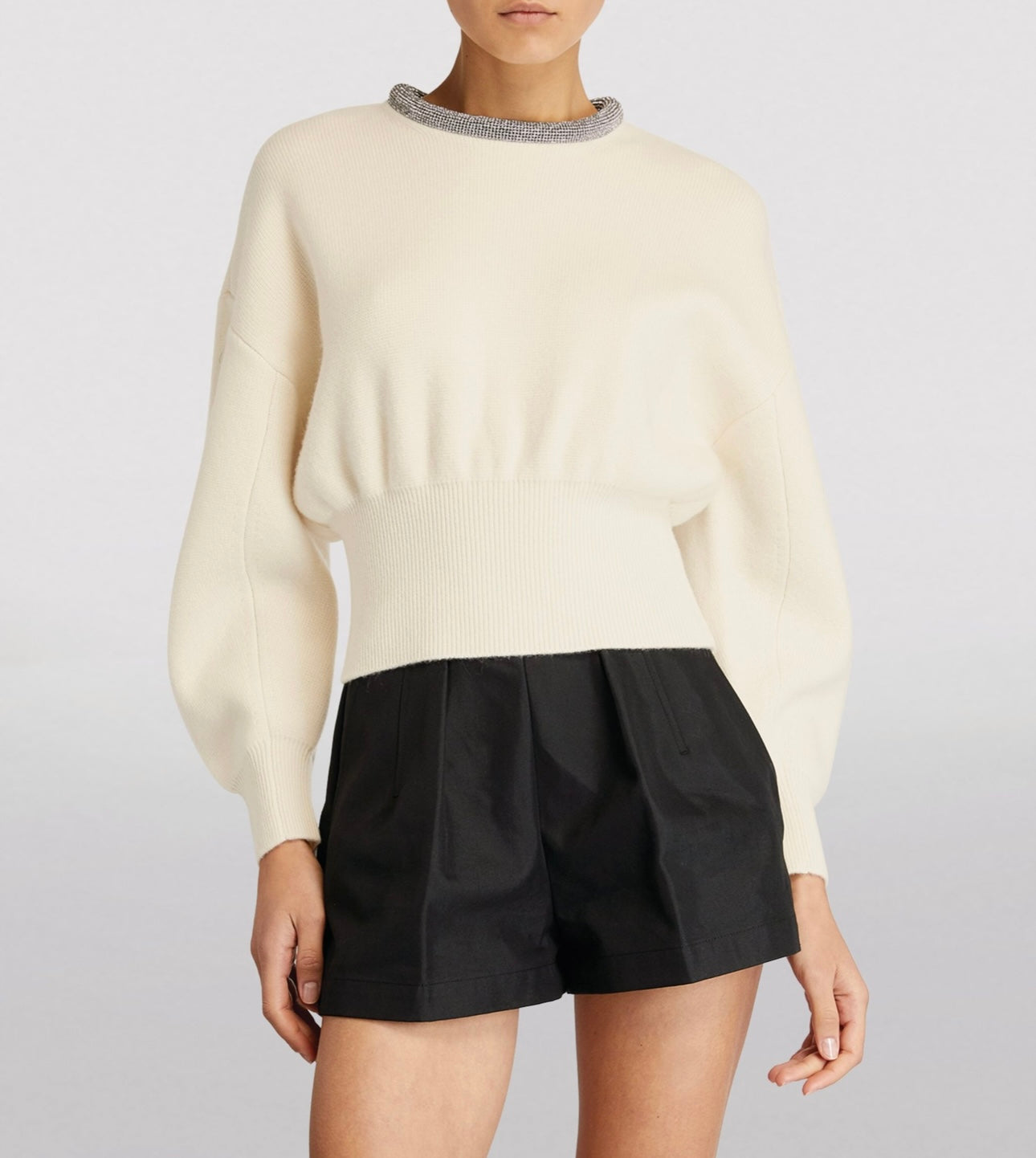 Alexander Wang CRYSTAL NECKLINE PULLOVER IN WOOL Ivory