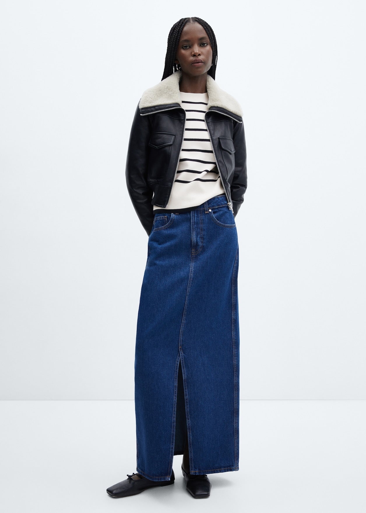 MANGO ivory/navy stripe crewneck sweater