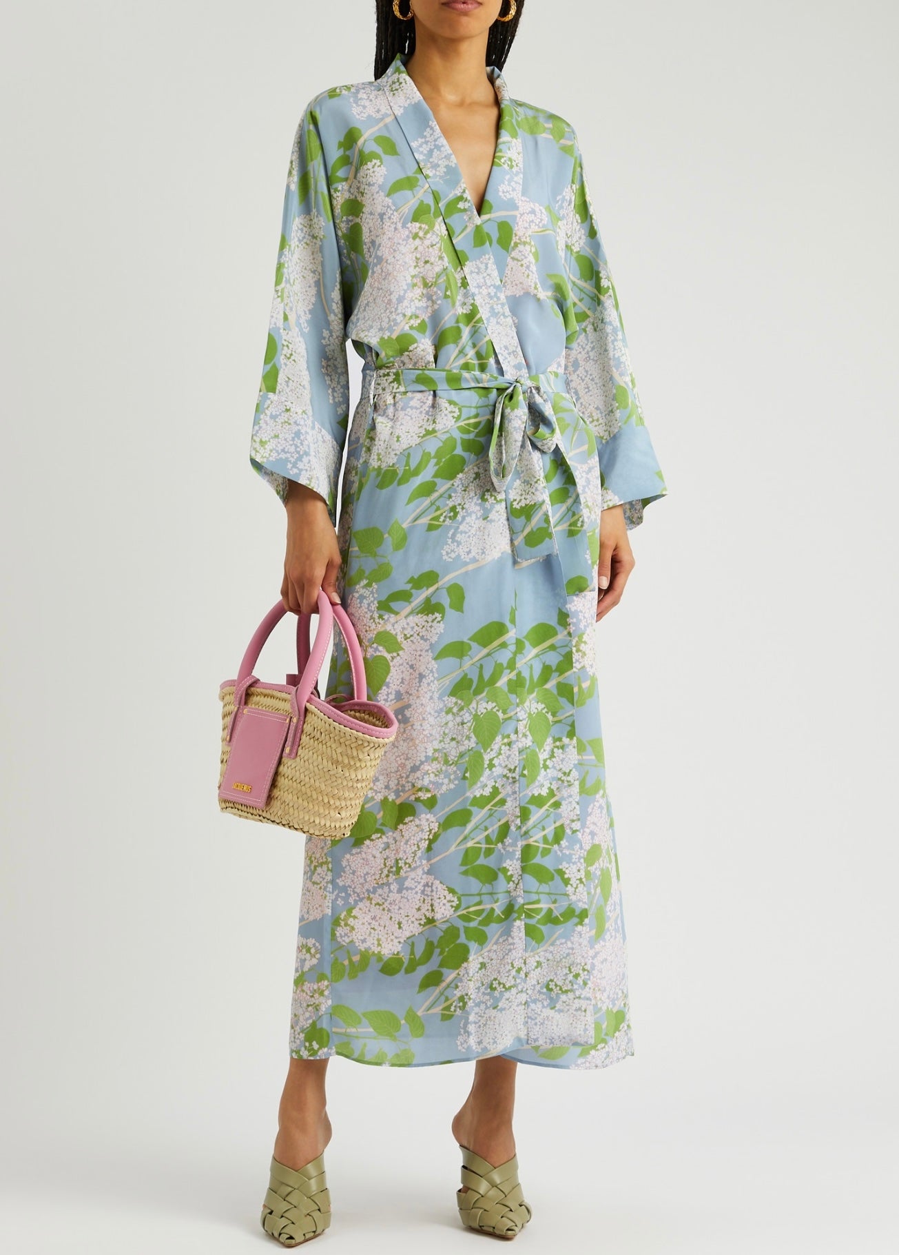 BERNADETTE
Peignoir Floral-print Silk Wrap Dress In Blue