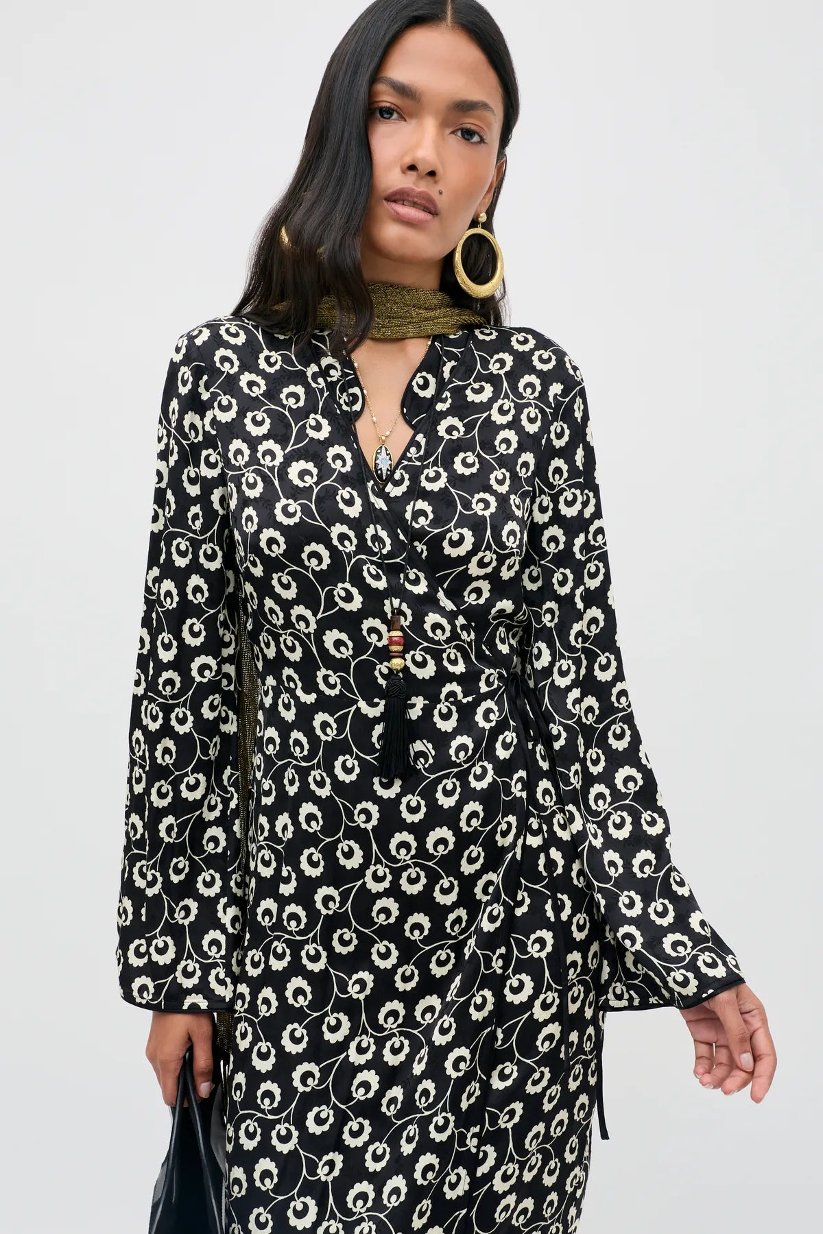 RIXO Cindy Dress, long sleeve maxi wrap dress, black satin with cream floral print