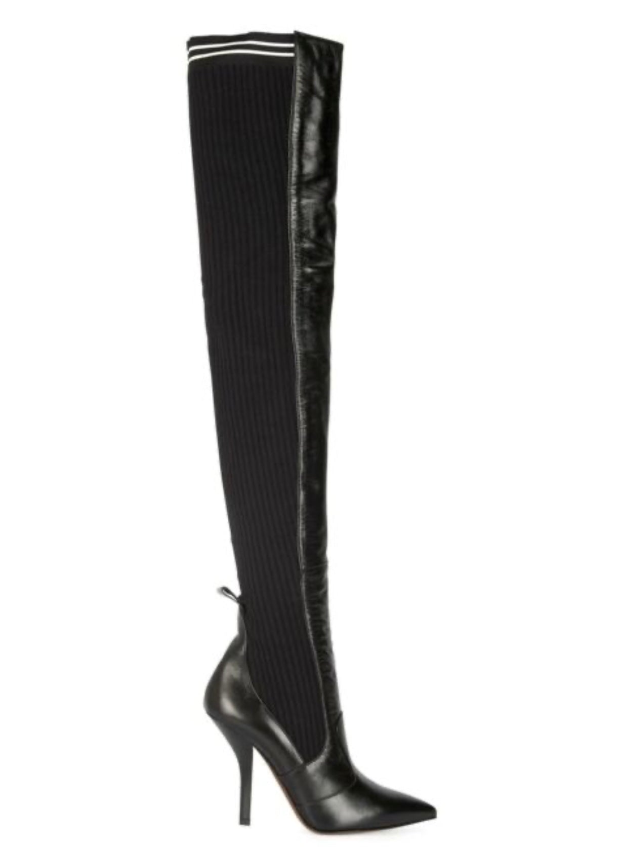 Fendi -
Fendi Black Leather And Stretch Knit Fabric Rockoko Thigh Boots