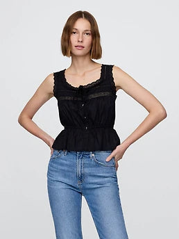 GAP black cotton tank top with lace and tie