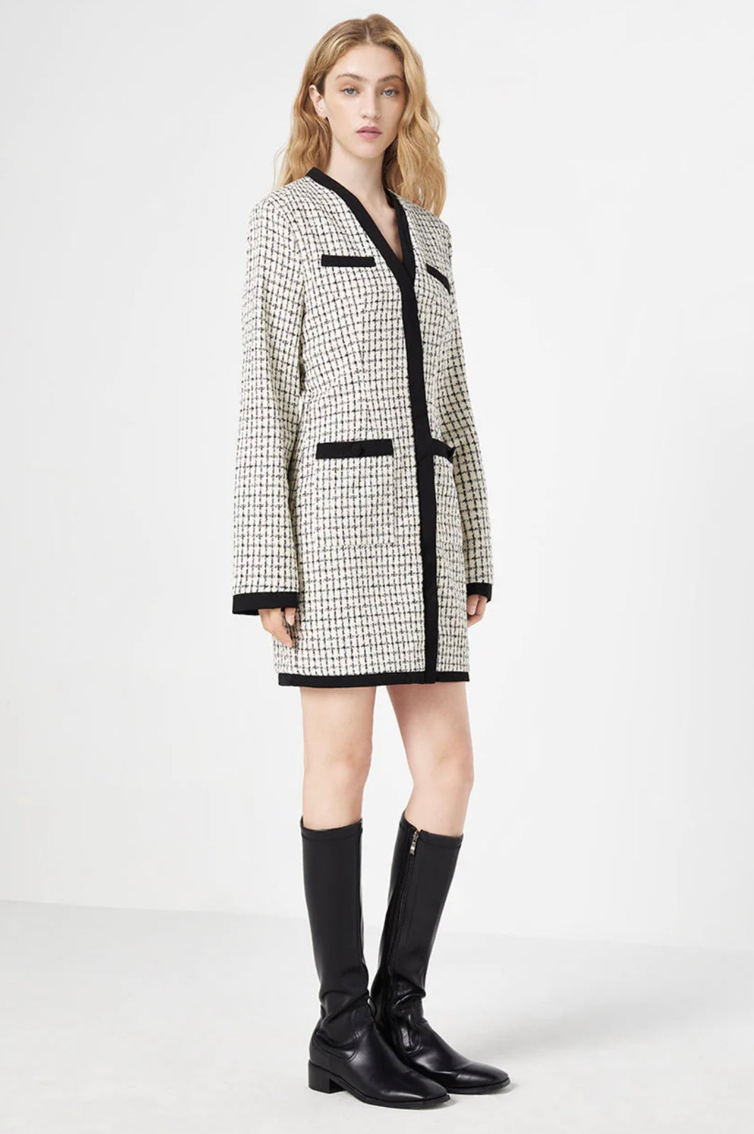 URBAN REVIVO - TWEED PLAID CONTRAST TRIM DRESS