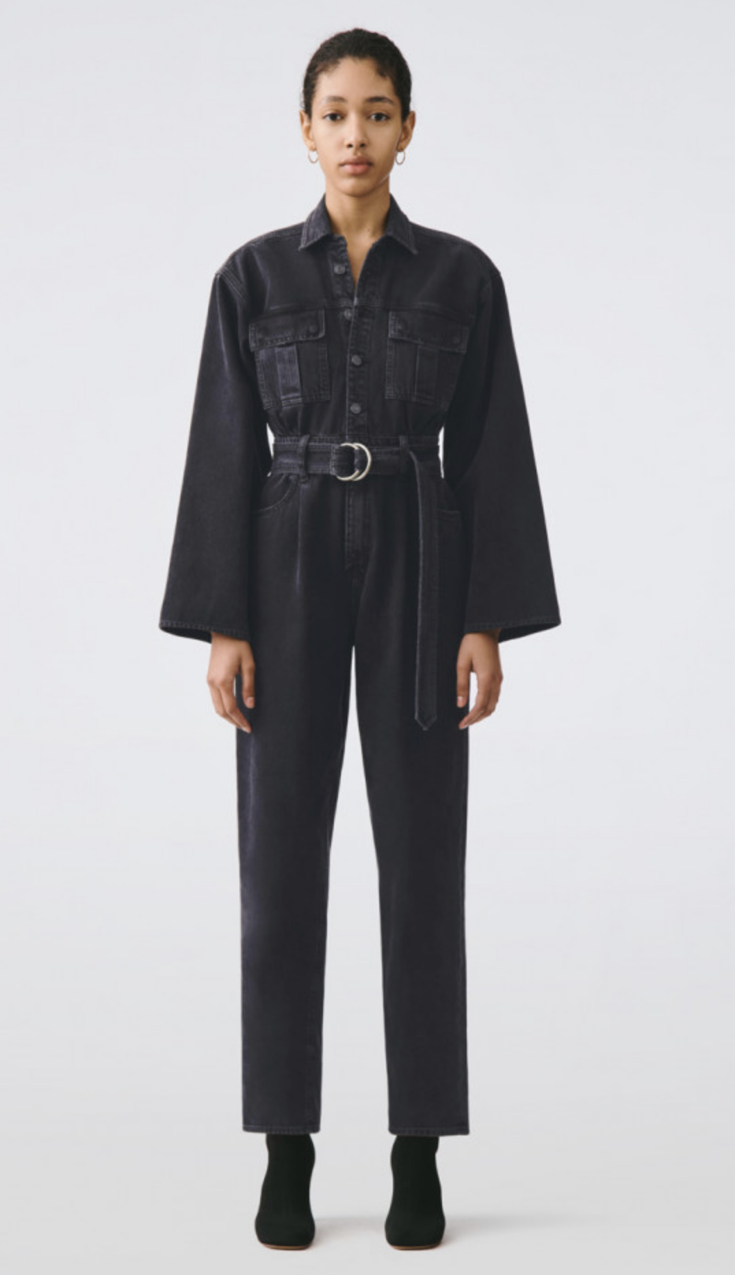 AGOLDE faded black long sleeve denim jumpsuit with belt