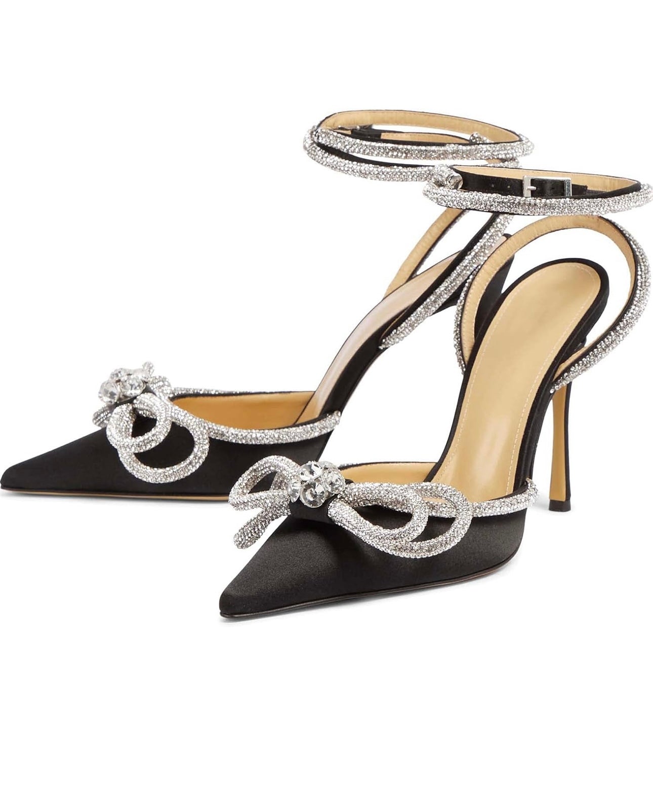 MIRAAZZURRA Women High Heeled Sandals Satin Sparkly Rhinestone Double Bow Sandals Pointy Toe Stiletto Adjustable Crystal Ankle Straps Buckle Shoes Summer Bridal Shoes