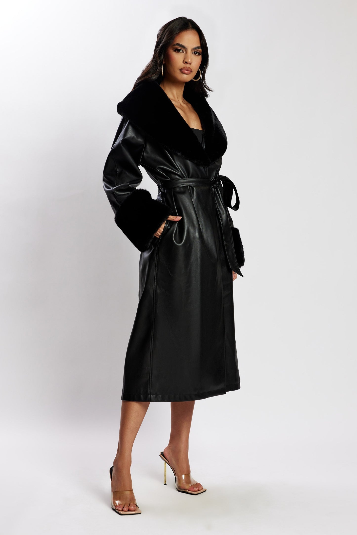 MESHKI Oversized Pu Trench Coat With Fur Trim - Black