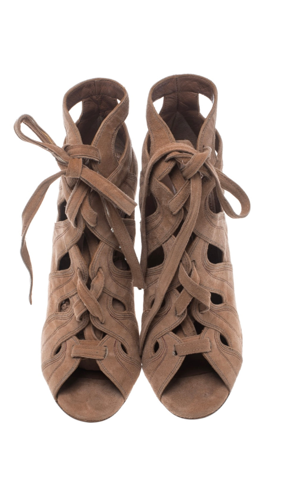 Alaia - Beige Cut Out Suede Lace Up Peep Toe Ankle Booties