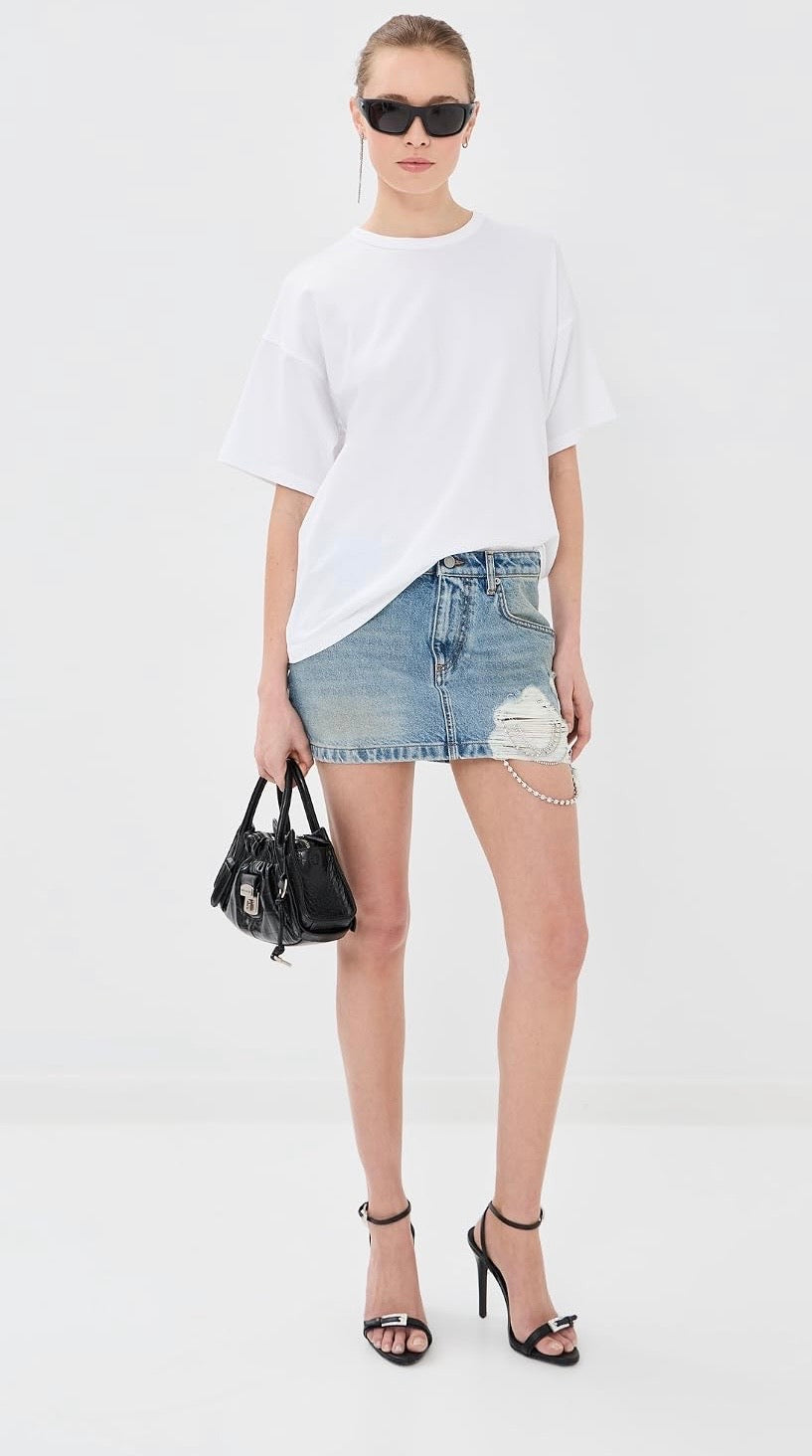 Area Crystal Fray Denim Mini Skirt