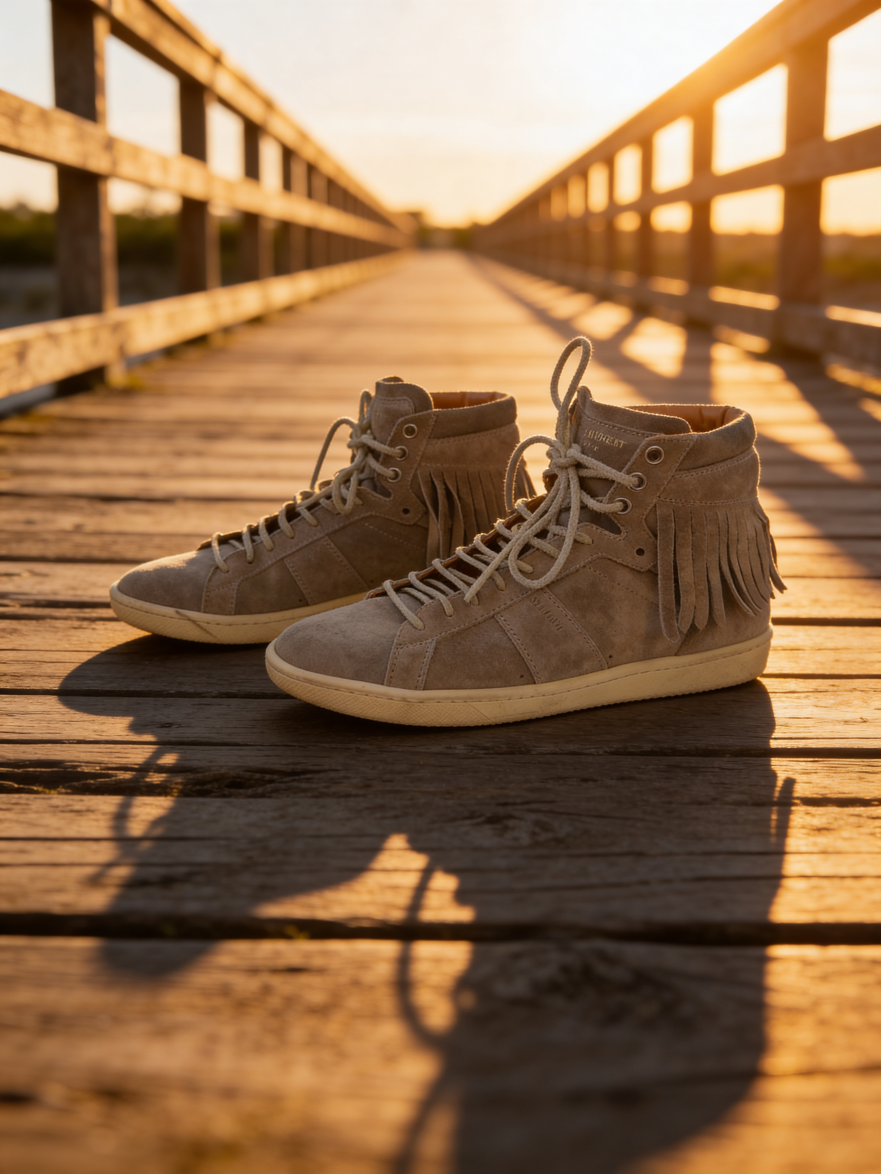 SAINT LAURENT SUEDE FRINGE TRIM SNEAKERS GREY