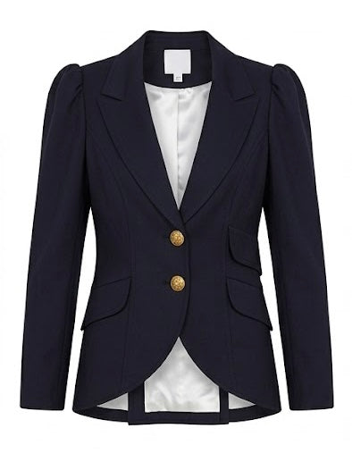 SMYTHE 100% wool charcoal/navy blazer w 2 large gold buttons, slight puff sleeve